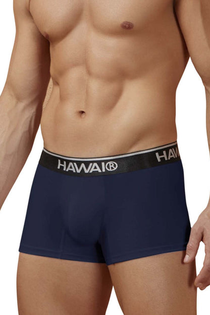Navy blue Hawaii brand cotton blend trunks with black waistband featuring white lettering color dark blue 01