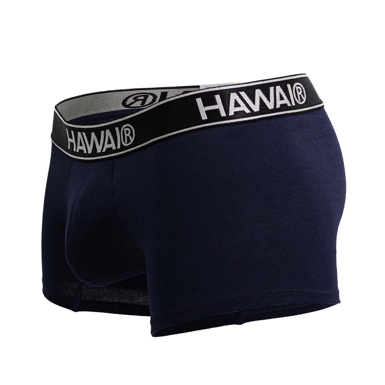 Navy blue Hawai 4986 cotton blend men’s boxer briefs with black and gray waistband featuring white lettering