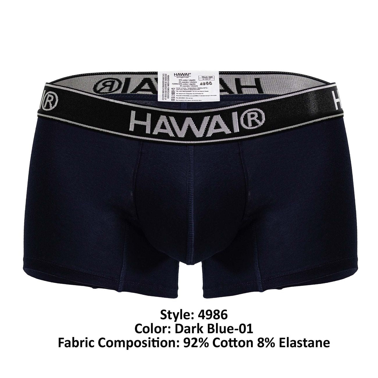 Dark blue hawai 4986 cotton blend boxer briefs with black elastic waistband featuring white lettering and logo