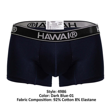 Dark blue hawai 4986 cotton blend boxer briefs with black elastic waistband featuring white lettering and logo