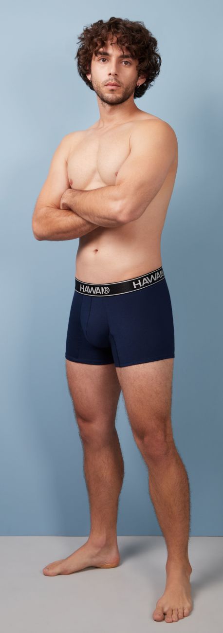 Navy blue harmay boxer briefs with black elastic waistband white lettering made from cotton blend fabric