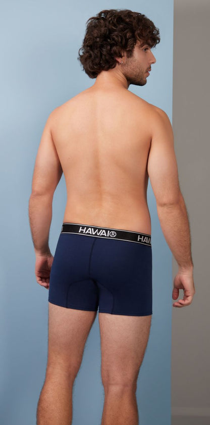 Navy blue havai cotton blend trunks with black waistband and white lettering for comfortable everyday wear