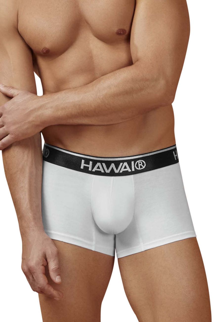 White men’s boxer briefs with black elastic waistband featuring hawaii brand name cotton blend trunks white 01