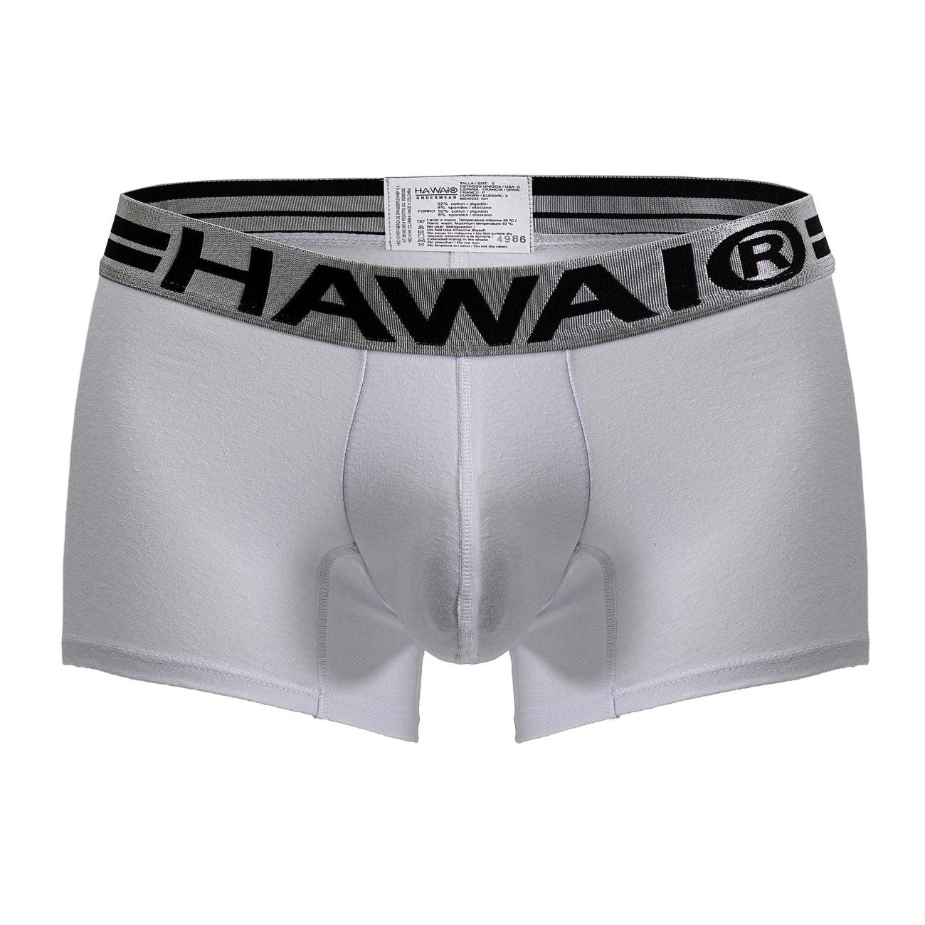 White men’s cotton blend briefs with gray elastic waistband featuring bold black hawaii lettering color white 01