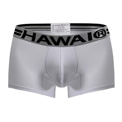White men’s cotton blend briefs with gray elastic waistband featuring bold black hawaii lettering color white 01