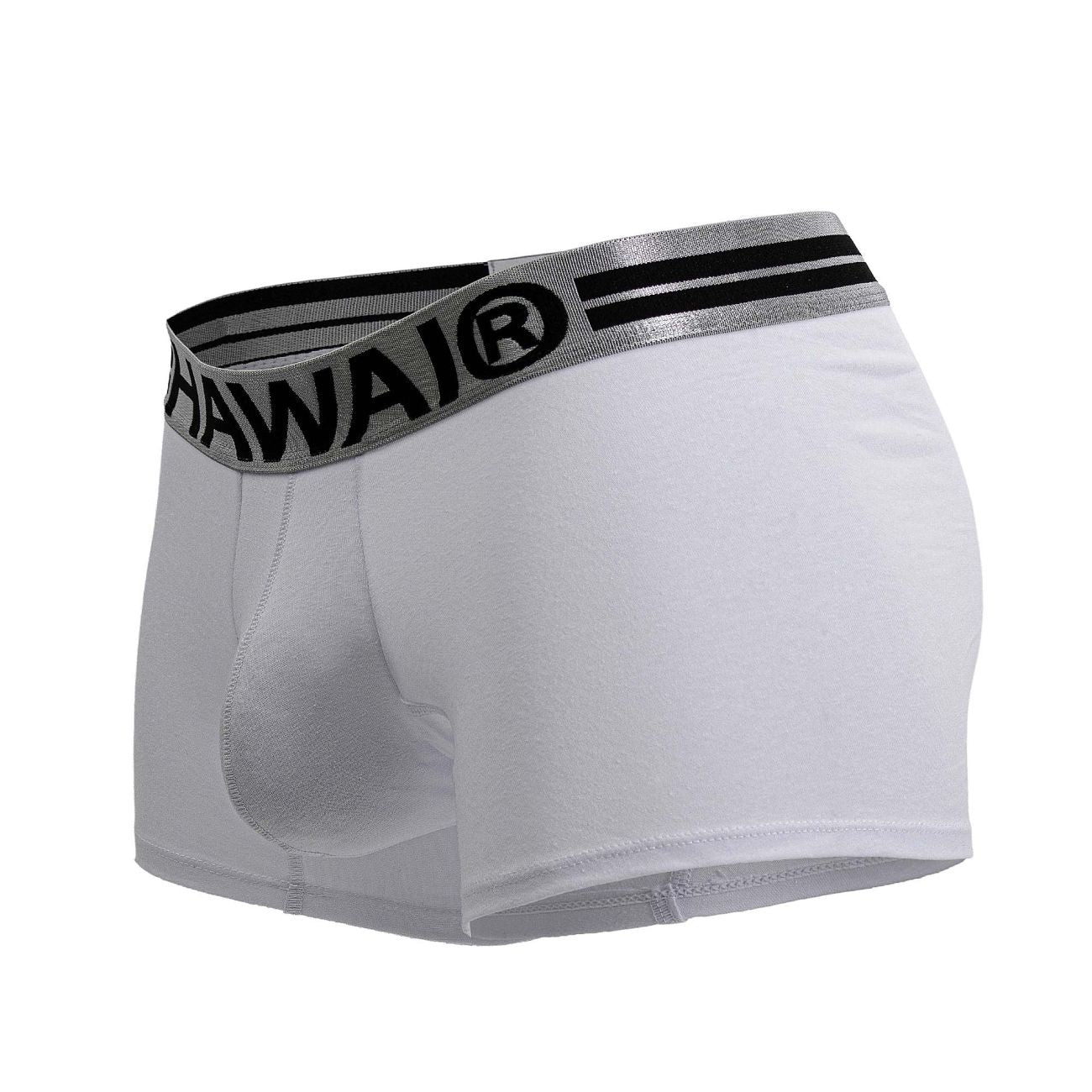 White men’s cotton blend boxer briefs with gray elastic waistband featuring black hawaii branding and two stripes