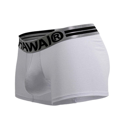 White men’s cotton blend boxer briefs with gray elastic waistband featuring black hawaii branding and two stripes