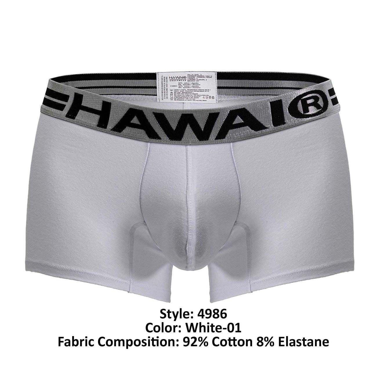 White Hawaii brand cotton blend boxer briefs with gray and black bold waistband in color white-01