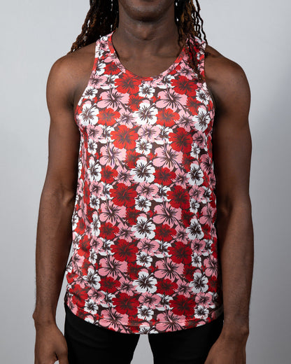 A vibrant red pink and white hawaiian hibiscus print tank top with round neckline perfect for casual summer wear