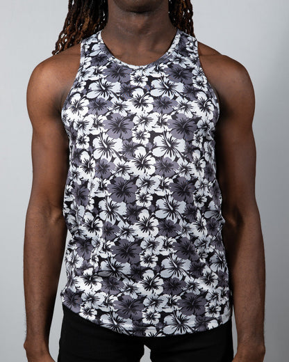 Black and white floral patterned hawaiian hibiscus print tank top with round neckline for casual wear