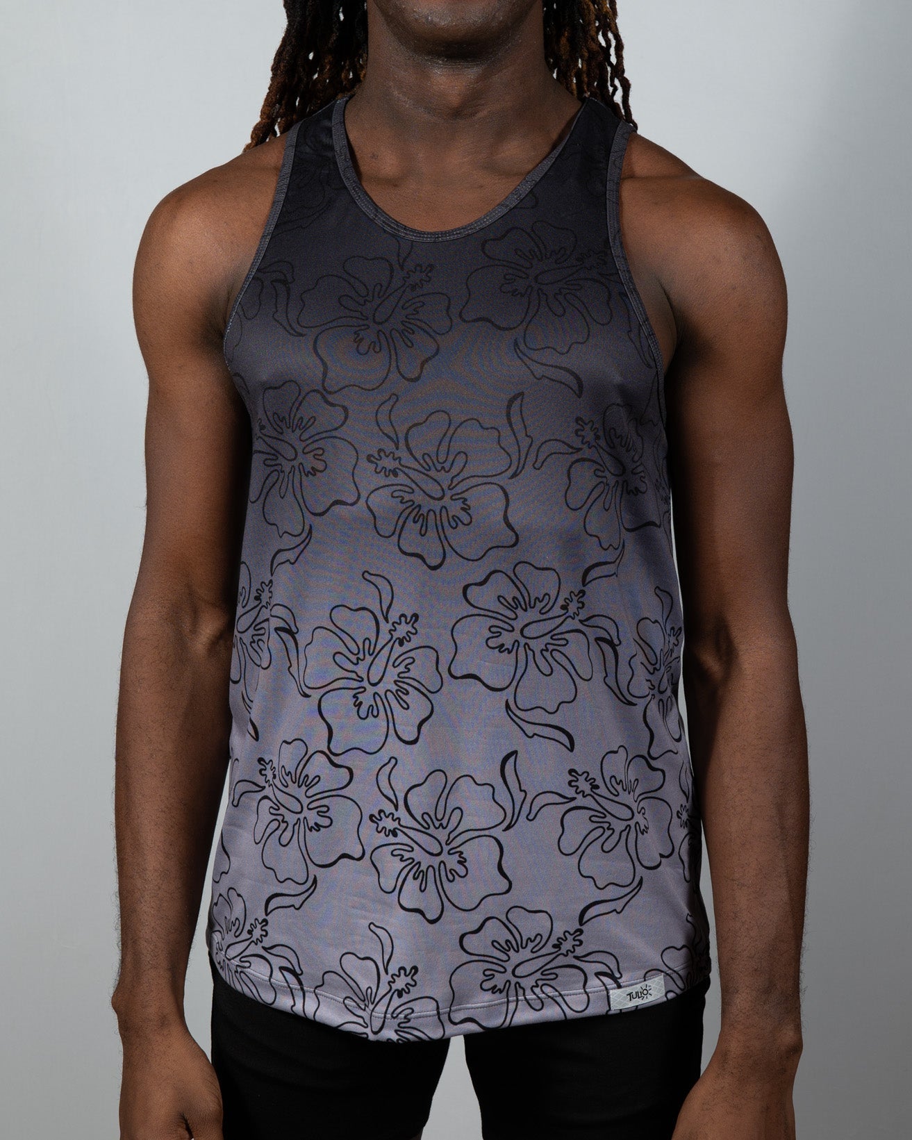 Gray gradient tank top with black outlined hibiscus flower pattern from hibiscus ombre print tank collection