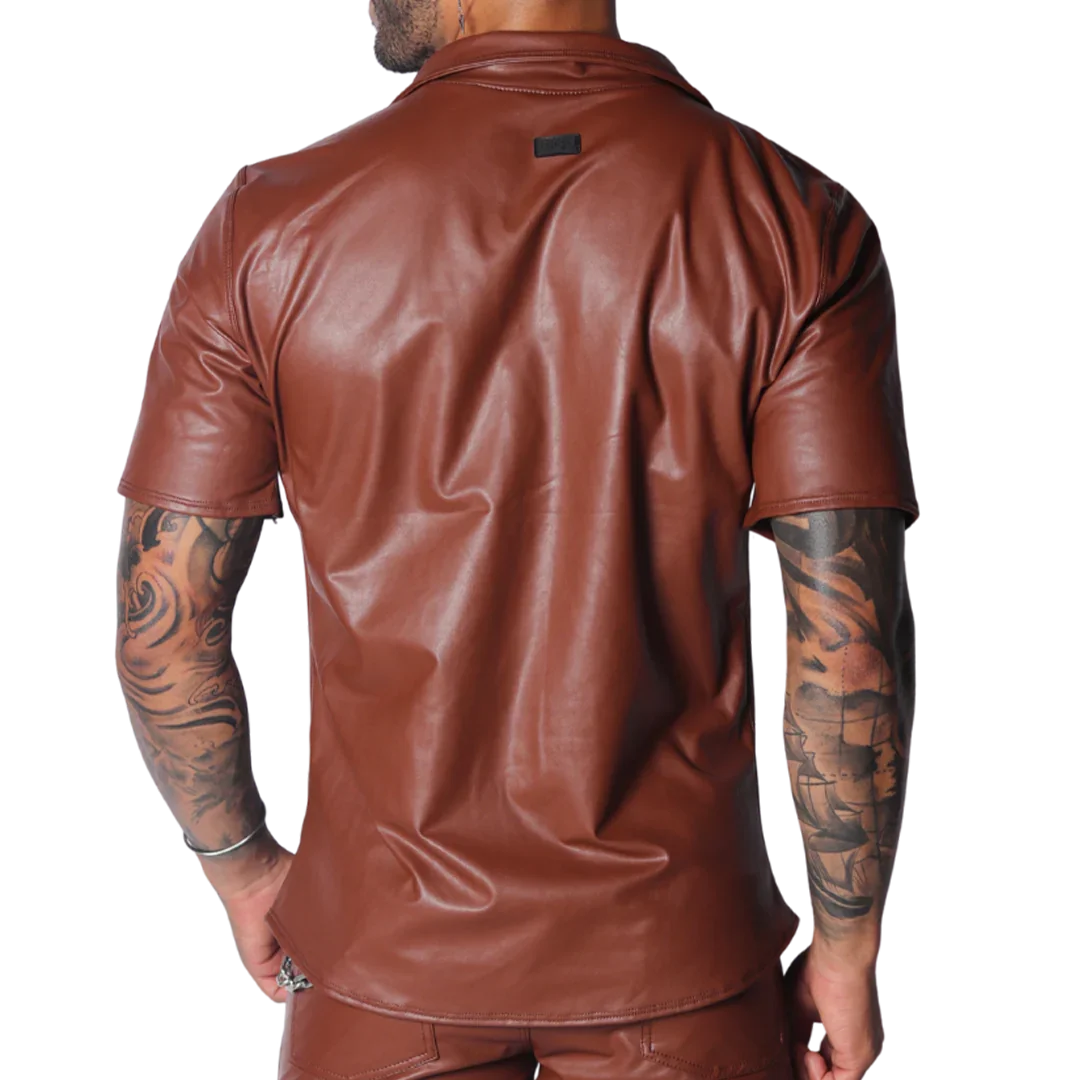Brown faux leather short-sleeve button-down shirt with a classic collar and a small branded patch on the upper back.