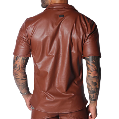 Brown faux leather short-sleeve button-down shirt with a classic collar and a small branded patch on the upper back.