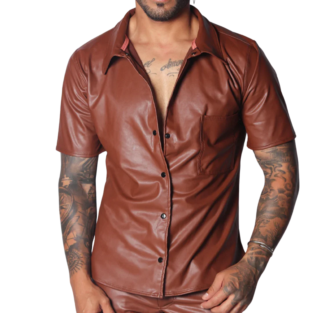 Brown short-sleeve button-down shirt in smooth faux leather with a classic collar and single chest pocket.