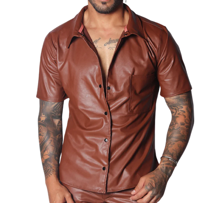 Brown short-sleeve button-down shirt in smooth faux leather with a classic collar and single chest pocket.
