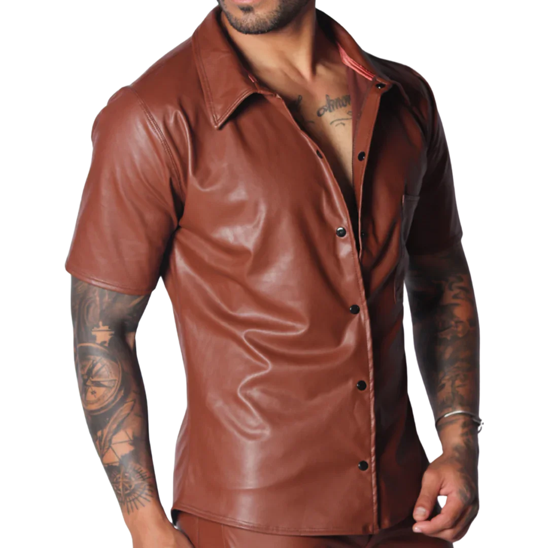 Brown short-sleeved faux leather button-down shirt with a classic collar, worn open over a bare chest.