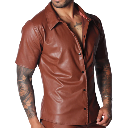 Brown short-sleeved faux leather button-down shirt with a classic collar, worn open over a bare chest.