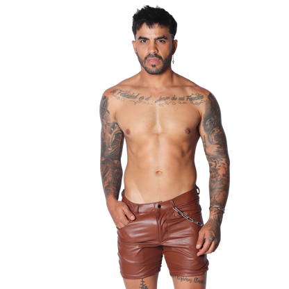 Brown faux leather shorts with a slim fit, belt loops, and a decorative silver chain detail at the hip.