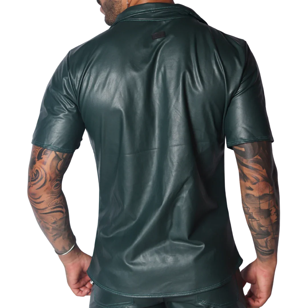 Dark green short-sleeve button-down shirt in smooth faux leather with a classic collar and small back neck logo patch.