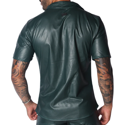 Dark green short-sleeve button-down shirt in smooth faux leather with a classic collar and small back neck logo patch.