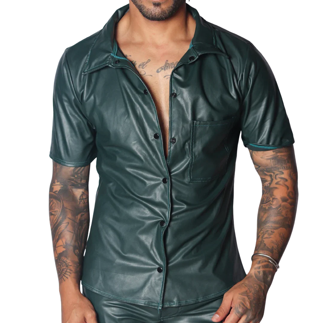 Dark green short-sleeved button-up shirt in faux leather with a classic collar and single chest pocket.