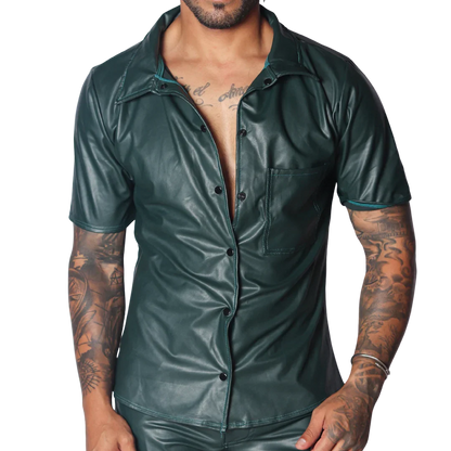 Dark green short-sleeved button-up shirt in faux leather with a classic collar and single chest pocket.