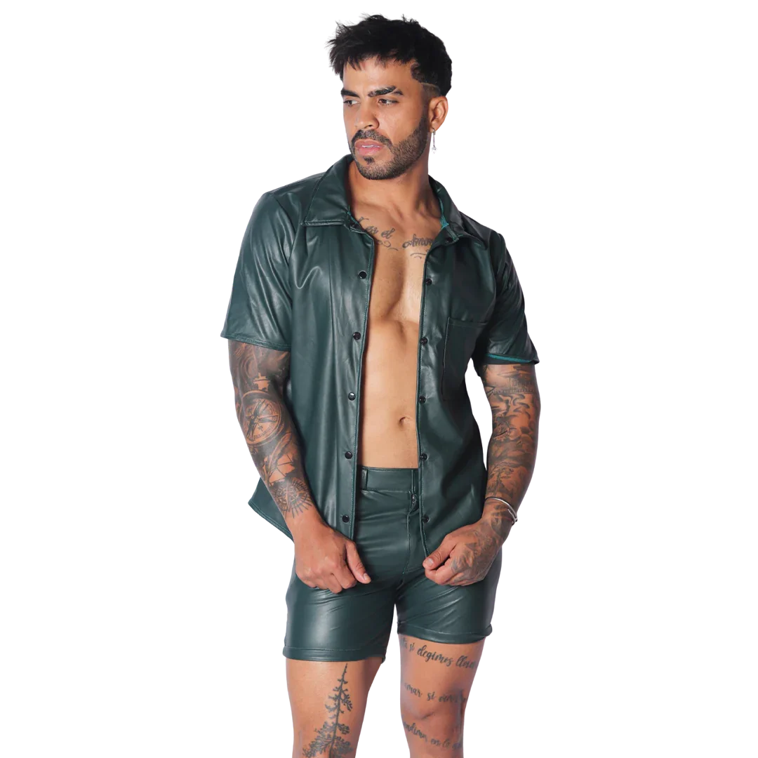 Dark forest green short-sleeve button-up shirt in a smooth faux leather finish with a classic collar.