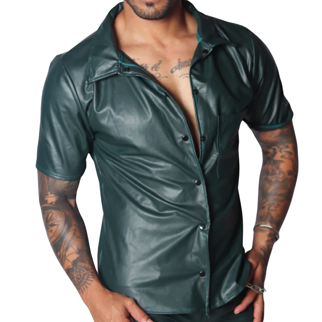 Dark green short-sleeve button-down shirt in a sleek, faux-leather material with a classic collar.