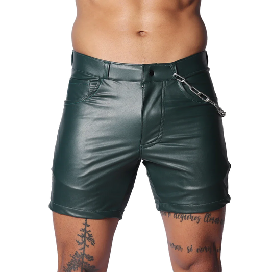Dark green faux-leather shorts with a button closure, belt loops, and a decorative silver chain on the front pocket.