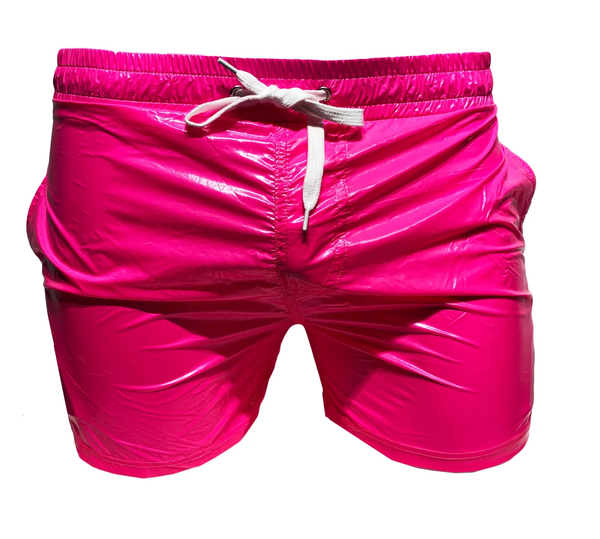 Vibrant fuchsia high gloss shorts with a glossy reflective finish and white drawstring waistband for swimwear