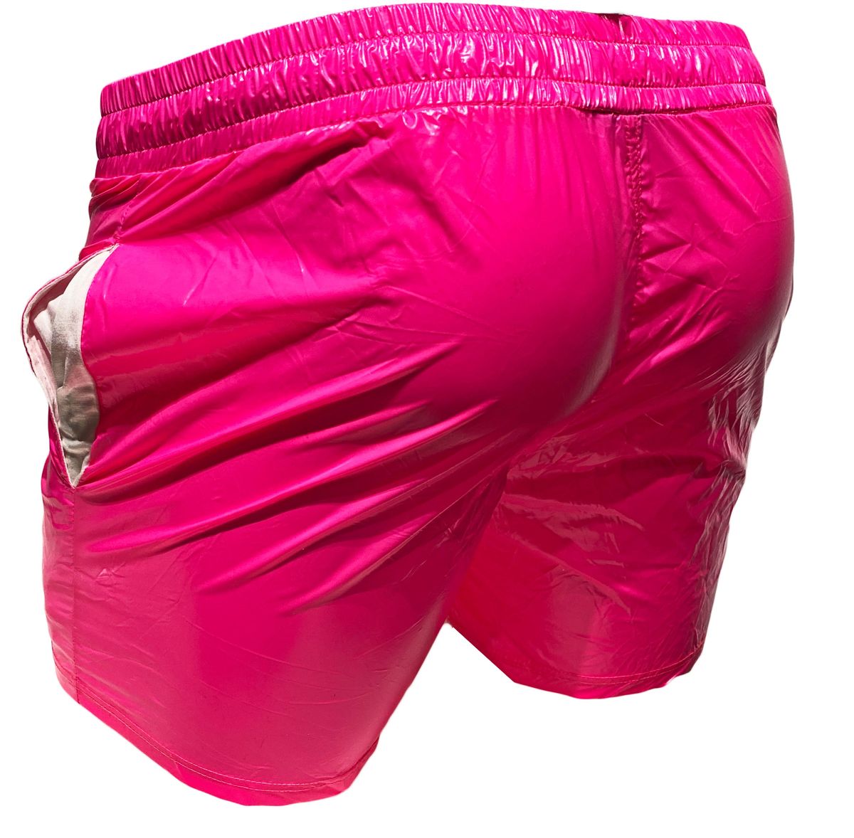 Vibrant fuchsia high gloss shorts with shiny reflective nylon finish and elastic waistband for comfortable wear