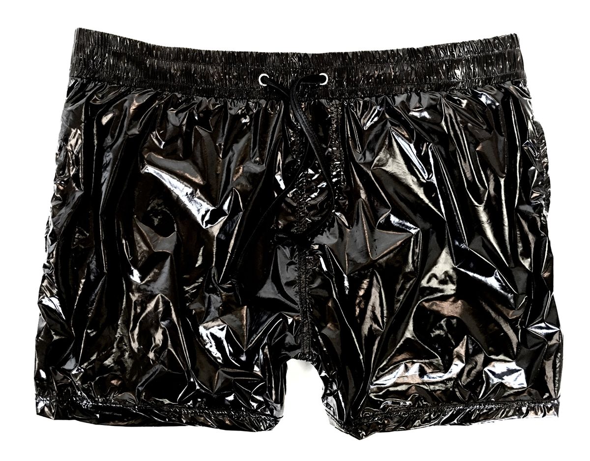 Black glossy plastic high gloss shorts with elastic waistband and drawstring for stylish casual wear