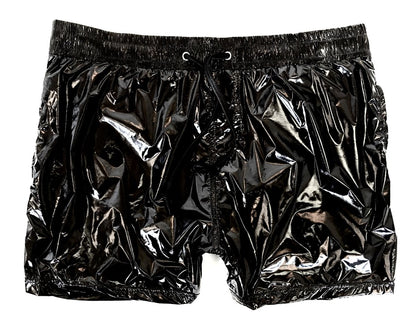 Black glossy plastic high gloss shorts with elastic waistband and drawstring for stylish casual wear