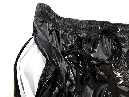 Black glossy nylon high gloss shorts with white inner lining and elastic waistband for comfortable fit