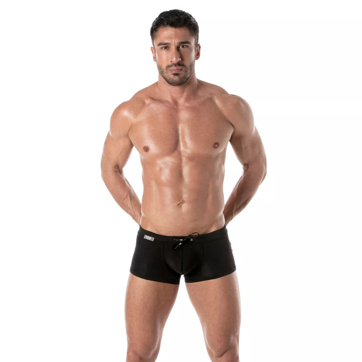 Black holidays swim trunk briefs with drawstring waistband and small logo on left side for swimwear use