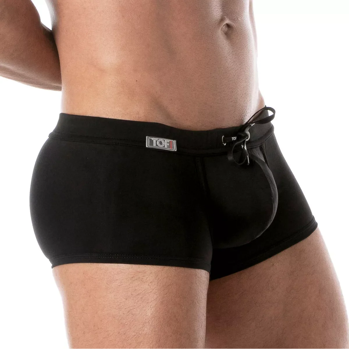 Black holidays swim trunk featuring a drawstring waistband and a small front pouch for secure storage
