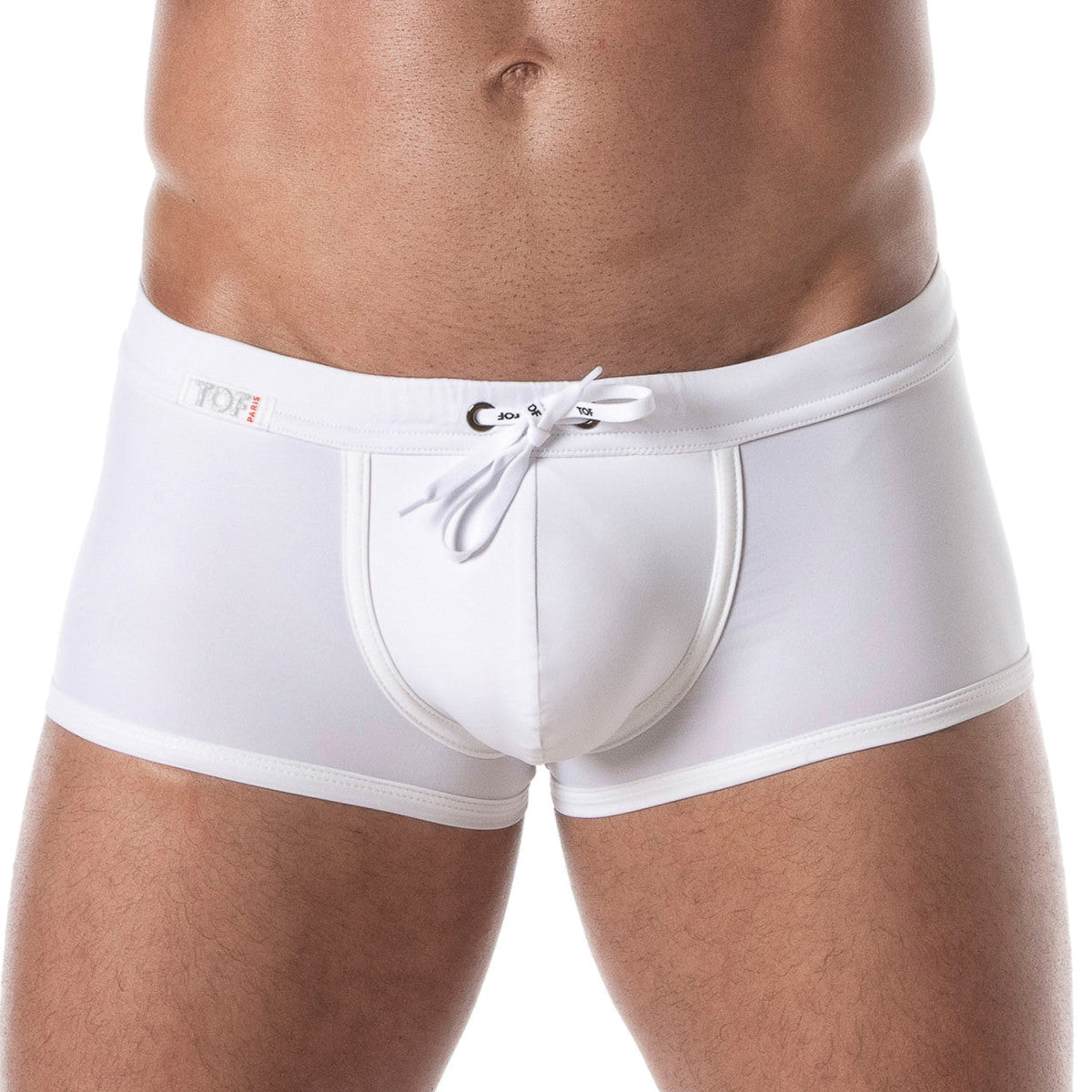 White holidays swim trunk featuring men’s swim trunks with a white drawstring waistband and branded logo on the side