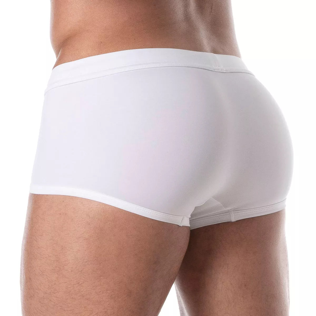 White briefs with smooth form-fitting design and elastic waistband featured in holidays swim trunk collection