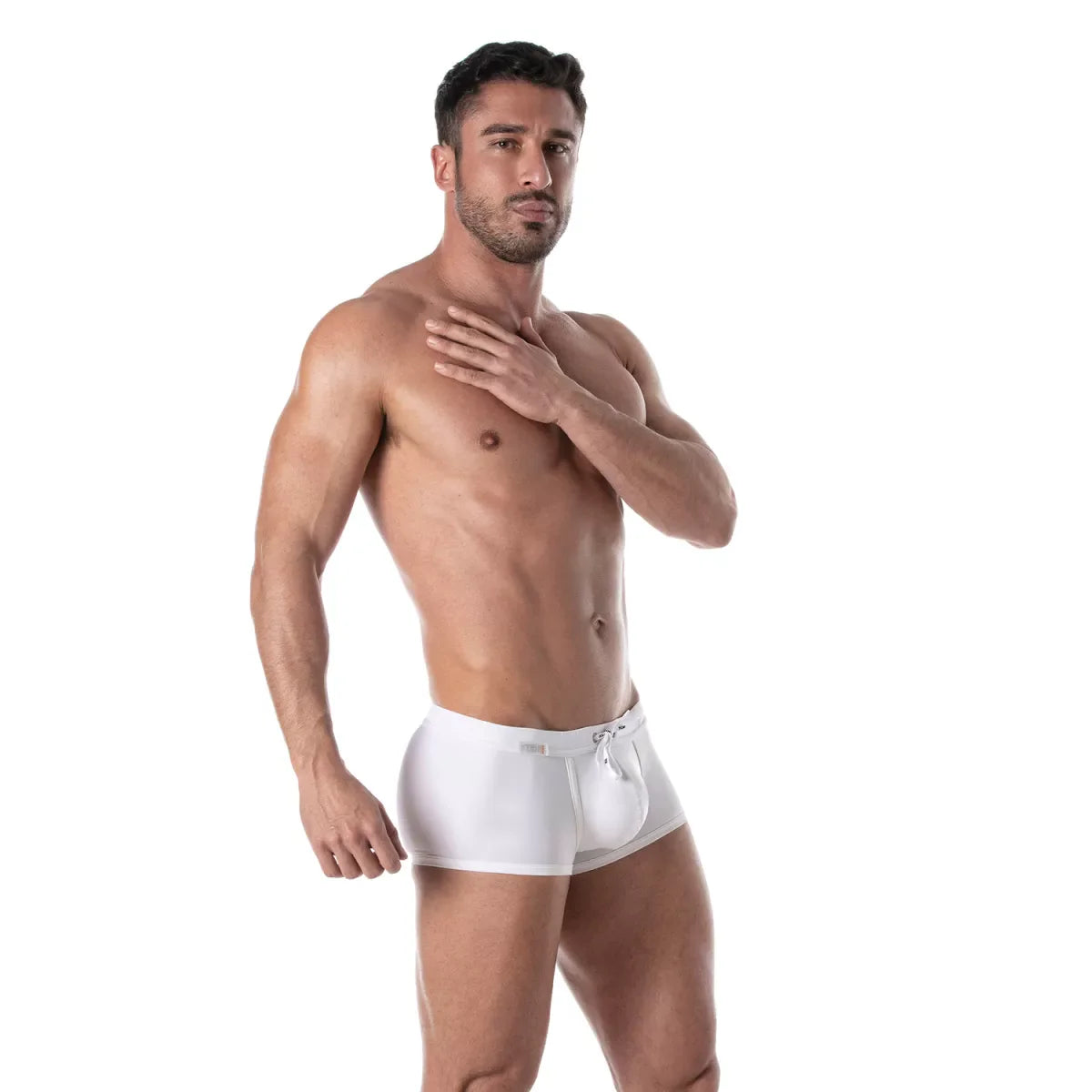 White holidays swim trunk with drawstring waistband and front pouch for men designed for swimwear use