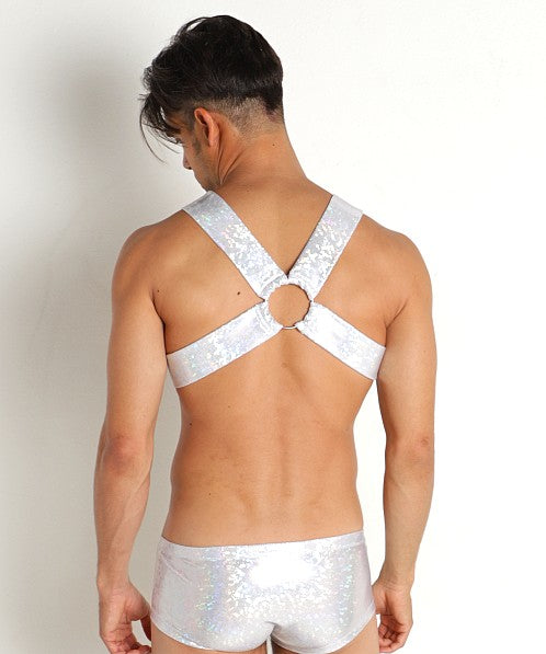 Silver hologram harness top with central circular ring and matching shiny briefs in sequined material