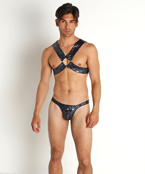 Black sequined harness-style bodysuit hologram harness with starry glittery pattern for bold fashion looks