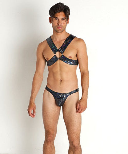 Black sequined harness-style bodysuit hologram harness with starry glittery pattern for bold fashion looks