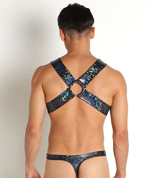 Shiny blue and black holographic leather harness with a central circular ring for stylish edgy wear