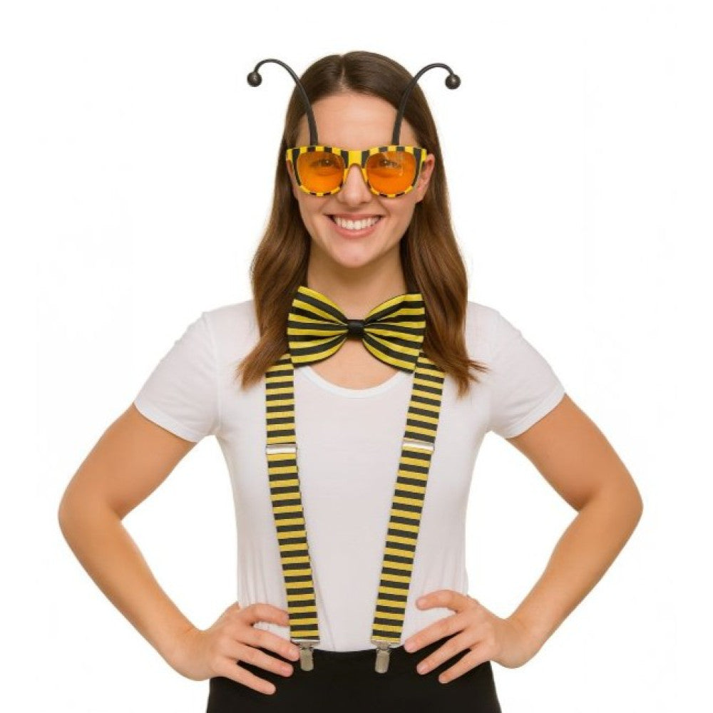 Yellow and black striped bee-themed costume accessories set from honeybee dress-up kit for kids and adults