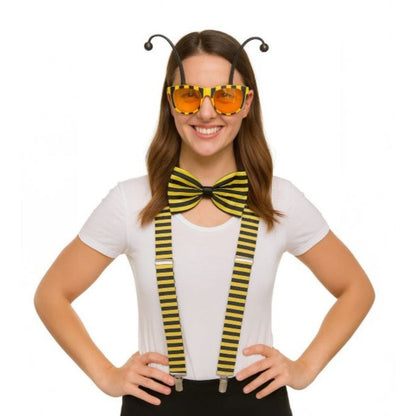Yellow and black striped bee-themed costume accessories set from honeybee dress-up kit for kids and adults