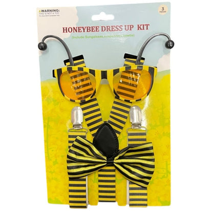 Honeybee dress-up kit with yellow and black striped fabric, sunglasses, and suspenders featuring a bow tie