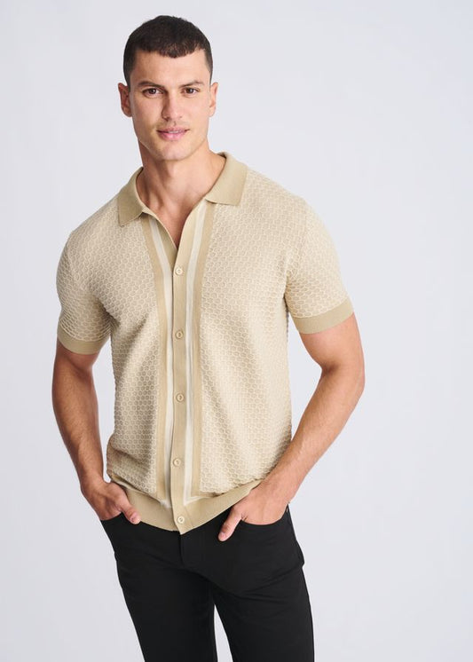Beige short-sleeved honeycomb textured knit polo shirt with matching collar and button front detail