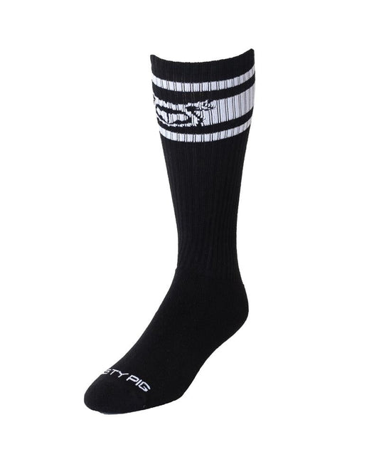 Hookd up sock black ribbed with white striped cuff and stylized pig logo featuring sty pig branding on the toe
