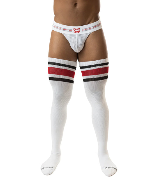White mesh briefs paired with nasty pig hookd up thigh high socks in red and black stripes