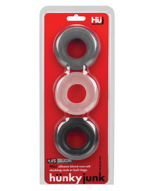 Set of three hunky junk silicone blend non-roll stacking cock and ball rings in gray translucent pink and black
